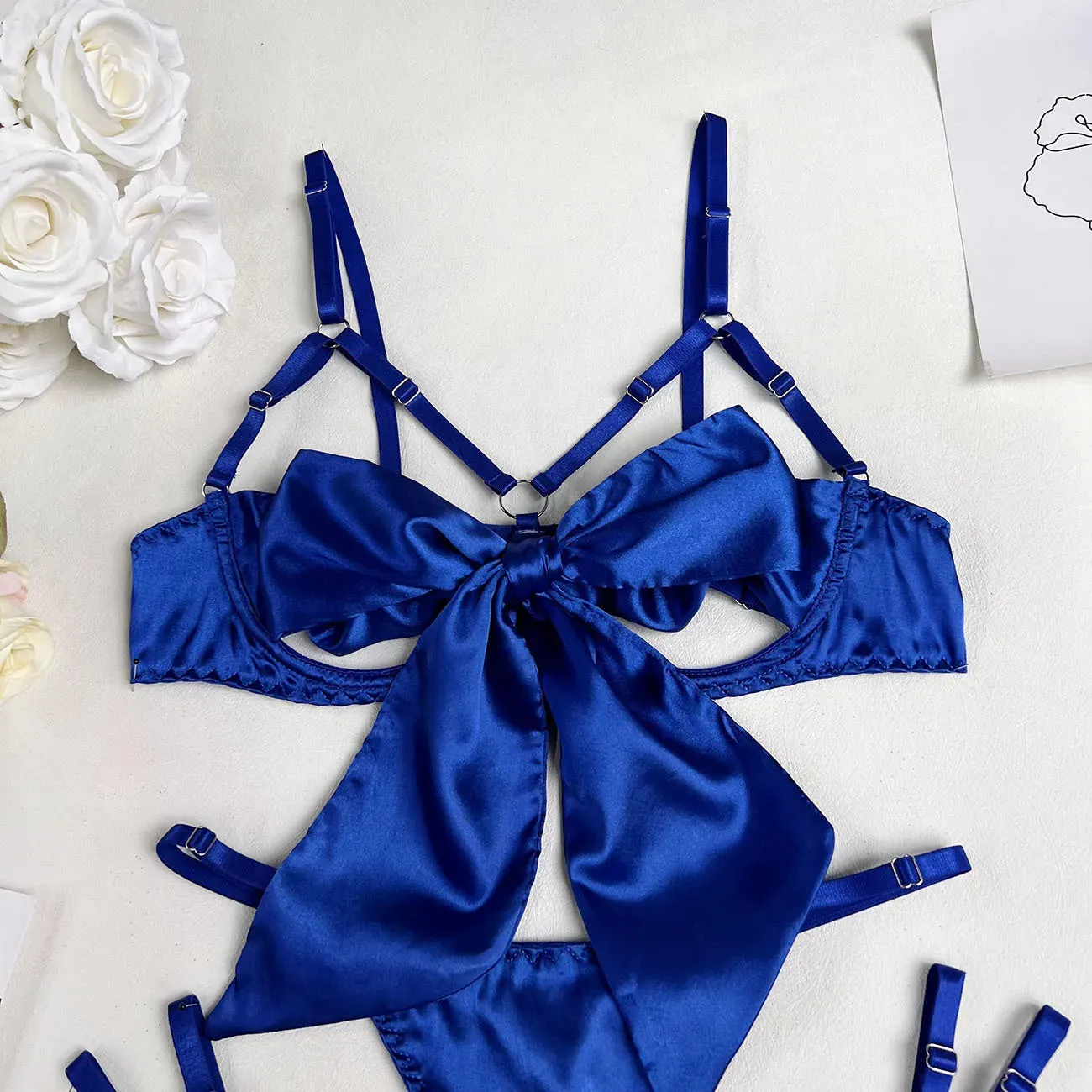 Cut Out Bow Lingerie Set 4 Colors Satin Cute Erotic Set Solid Brief Underwear Set Nightwear