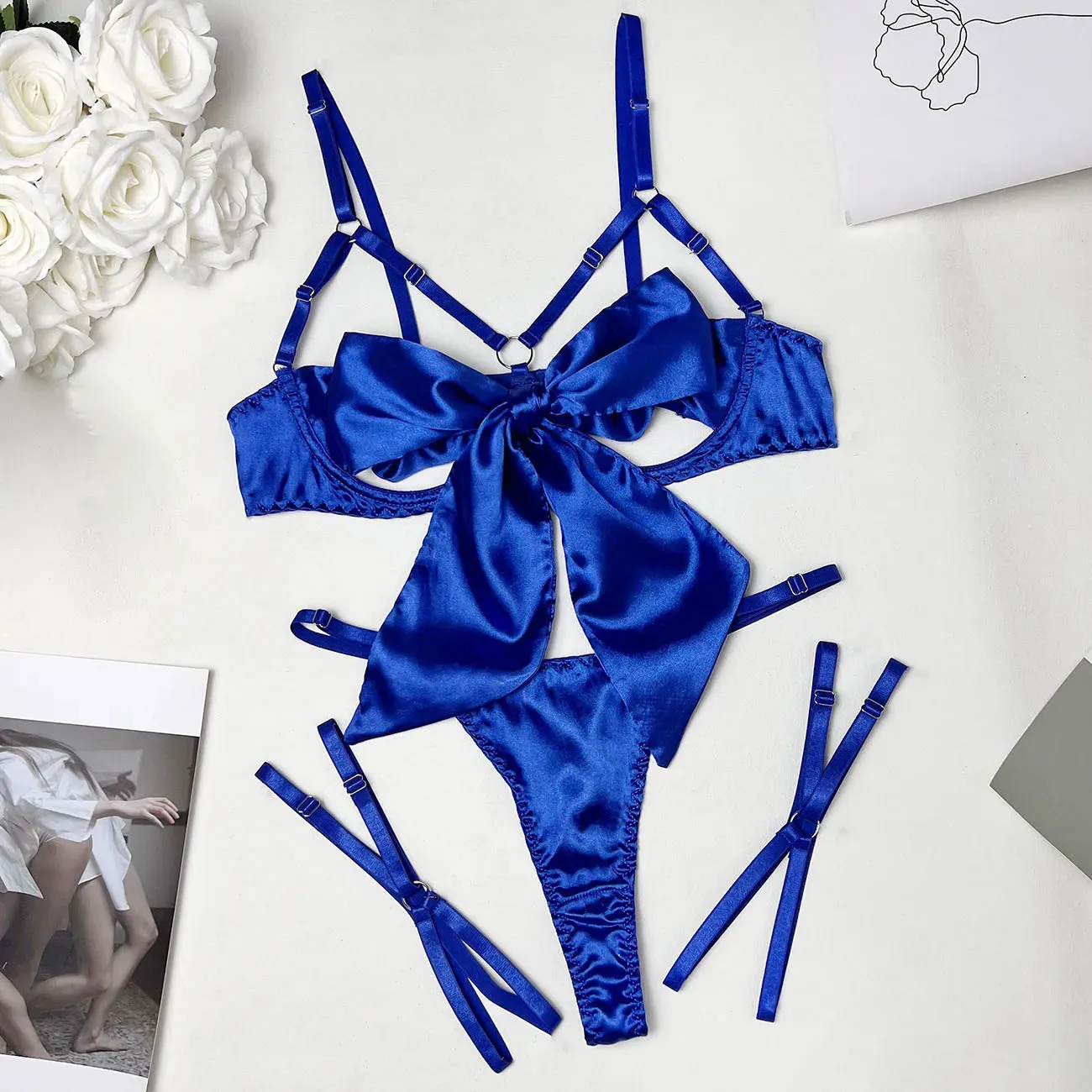 Cut Out Bow Lingerie Set 4 Colors Satin Cute Erotic Set Solid Brief Underwear Set Nightwear
