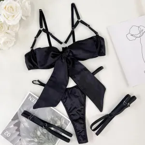 Cut Out Bow Lingerie Set 4 Colors Satin Cute Erotic Set Solid Brief Underwear Set Nightwear
