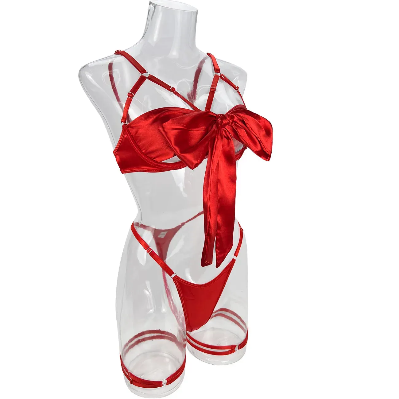 Cut Out Bow Lingerie Set 4 Colors Satin Cute Erotic Set Solid Brief Underwear Set Nightwear