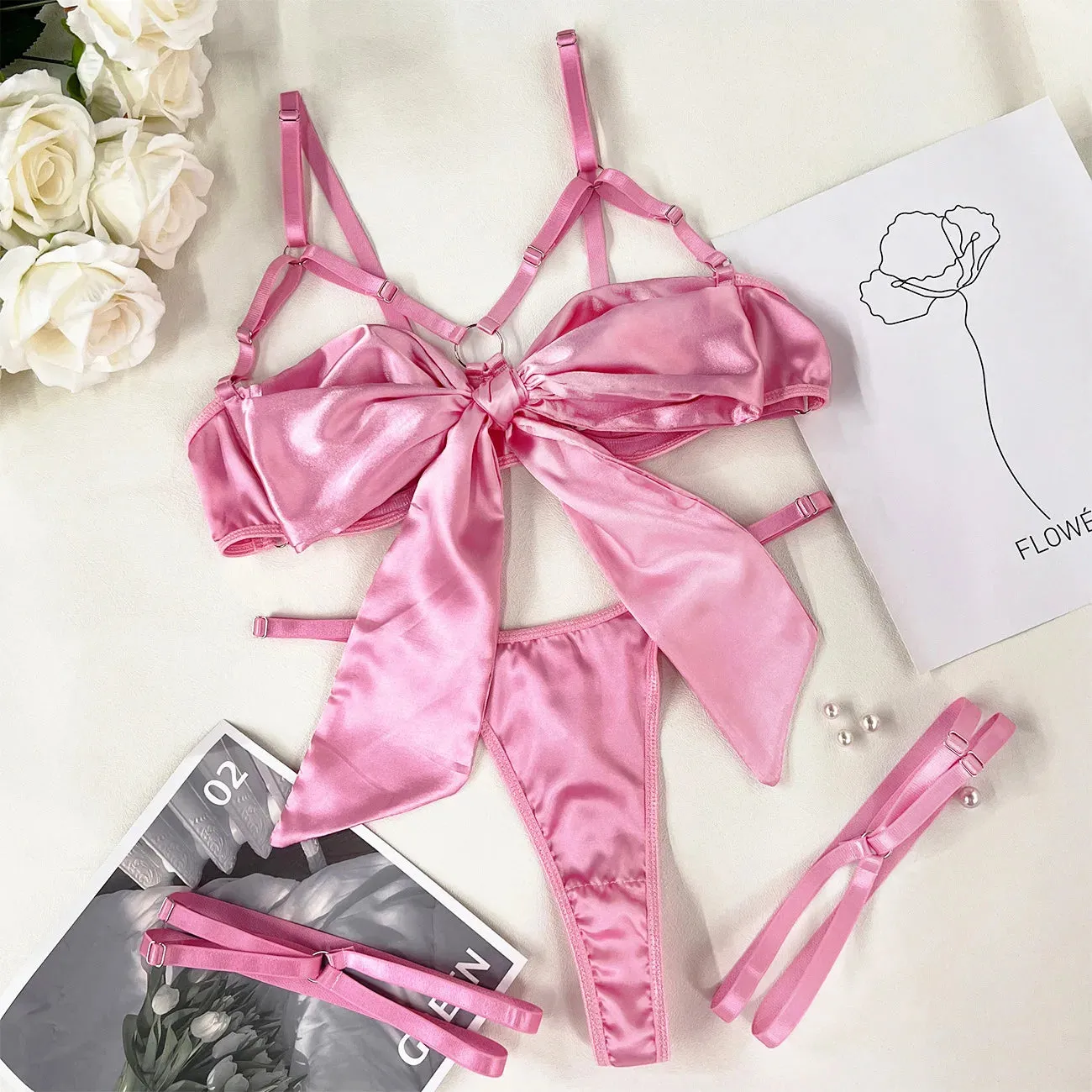 Cut Out Bow Lingerie Set 4 Colors Satin Cute Erotic Set Solid Brief Underwear Set Nightwear