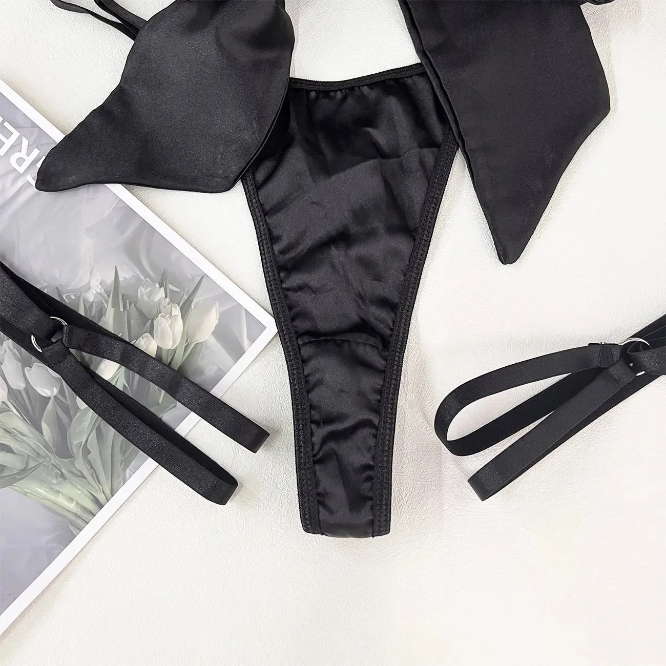 Cut Out Bow Lingerie Set 4 Colors Satin Cute Erotic Set Solid Brief Underwear Set Nightwear