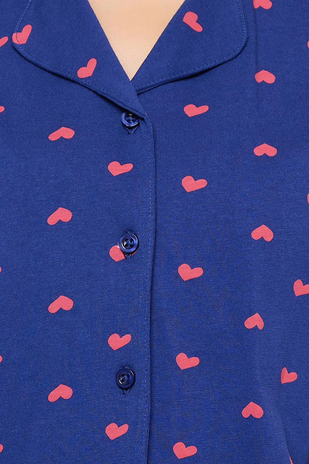 Dark Blue Cotton Heart Print Button Down Shirt & Shorts Set