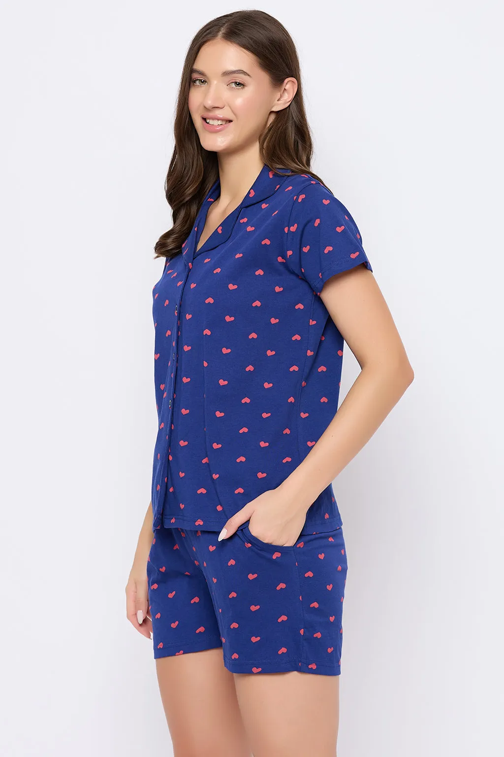 Dark Blue Cotton Heart Print Button Down Shirt & Shorts Set