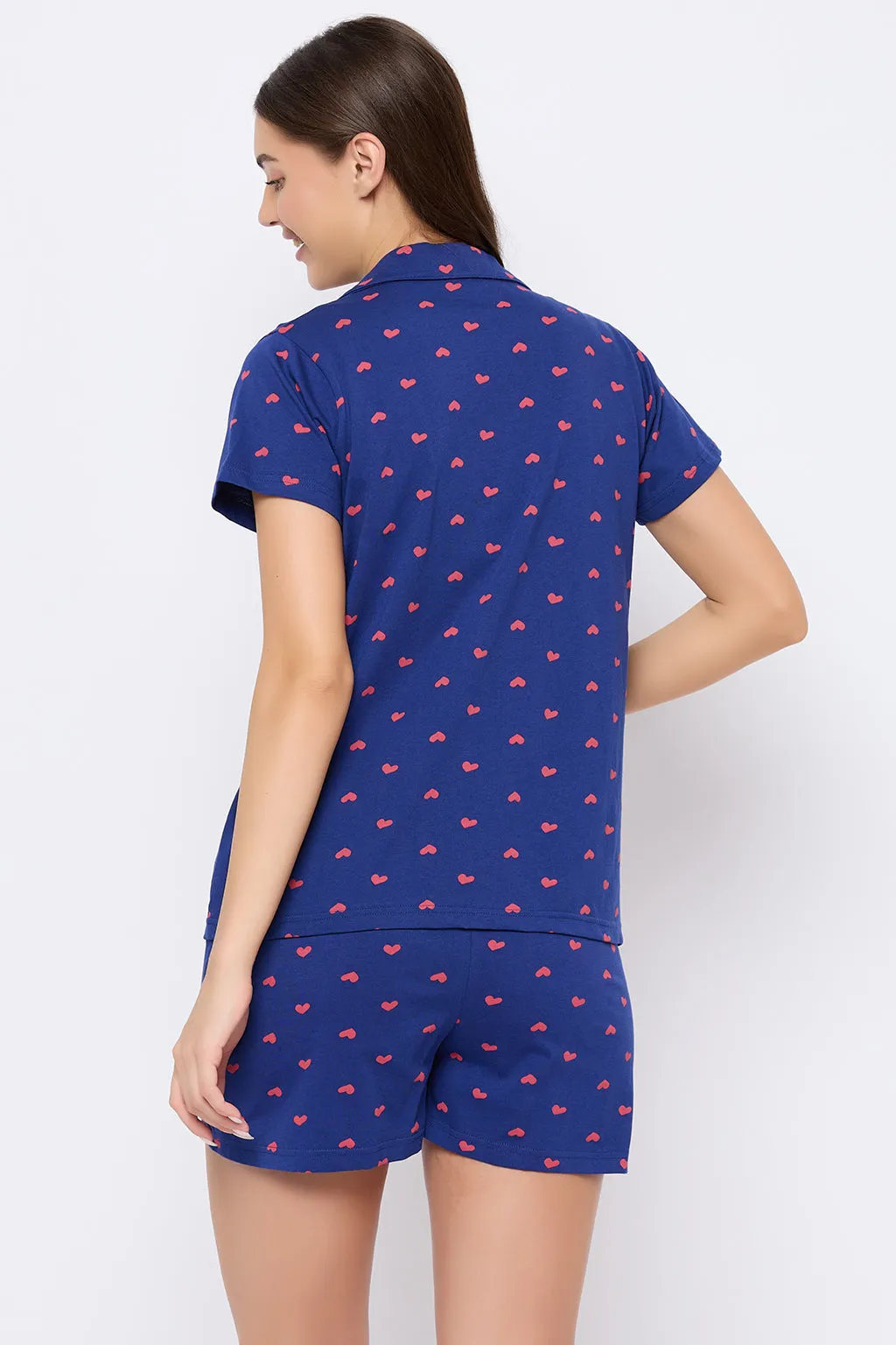 Dark Blue Cotton Heart Print Button Down Shirt & Shorts Set