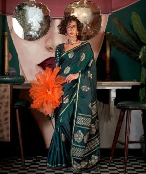 Dark Green Designer Pure Satin Handwoven Weaving Silk Saree
