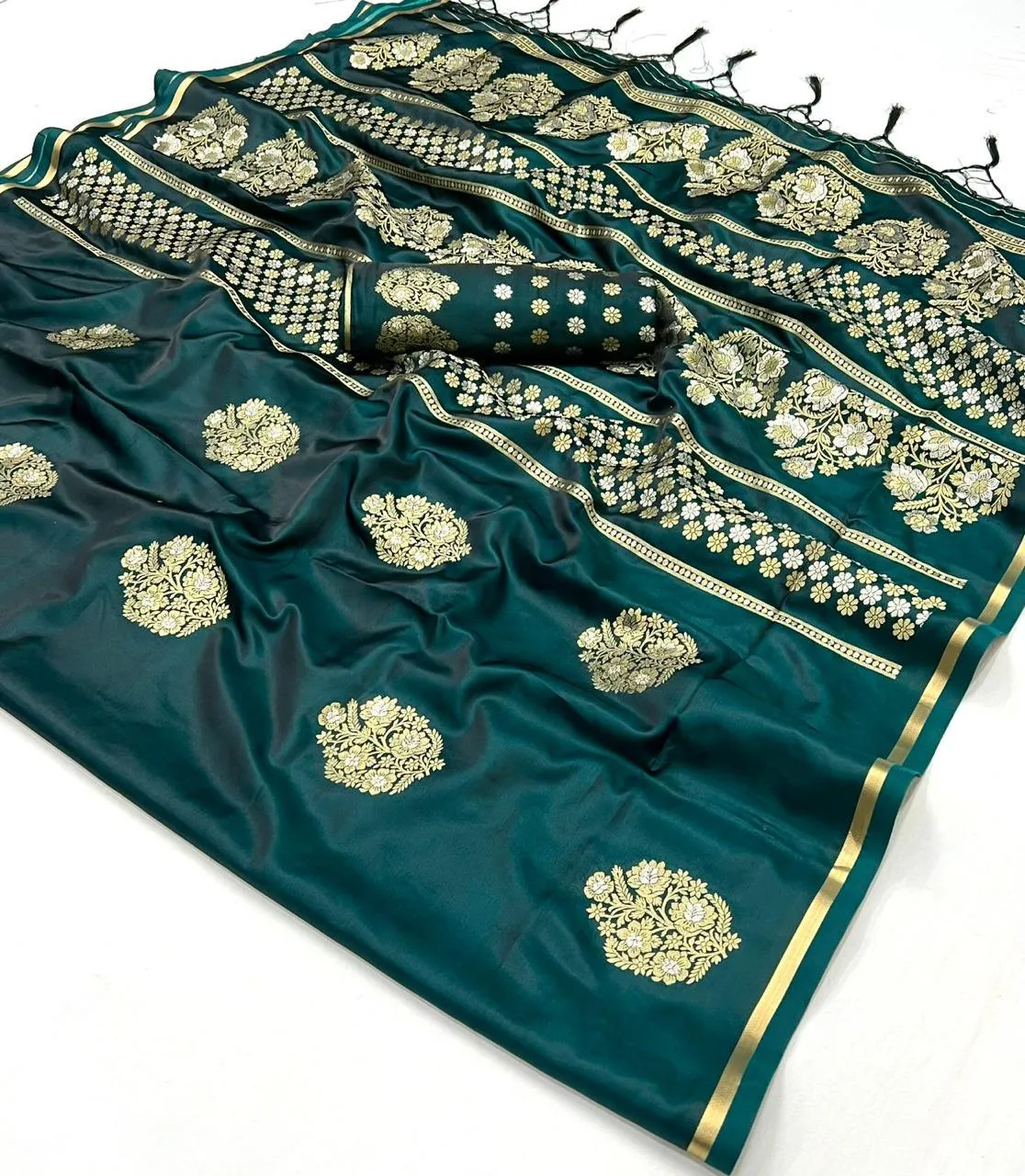 Dark Green Designer Pure Satin Handwoven Weaving Silk Saree