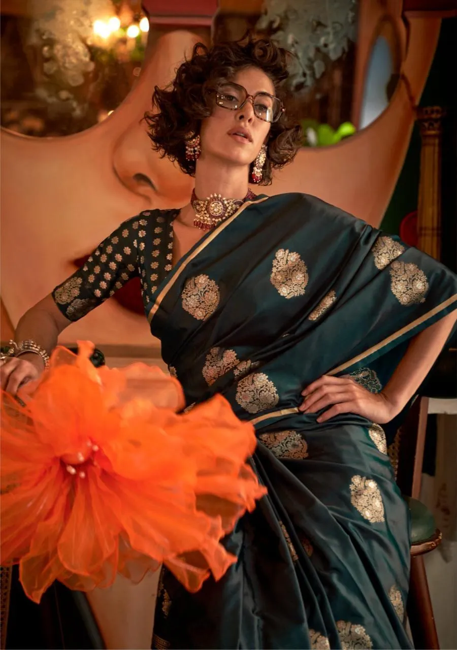 Dark Green Designer Pure Satin Handwoven Weaving Silk Saree