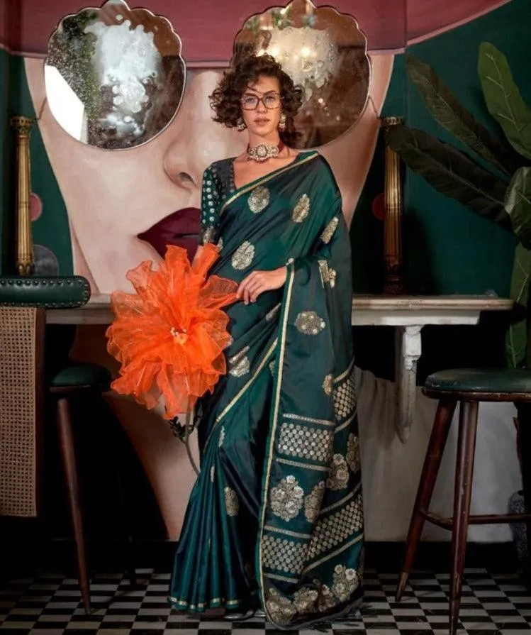 Dark Green Designer Pure Satin Handwoven Weaving Silk Saree