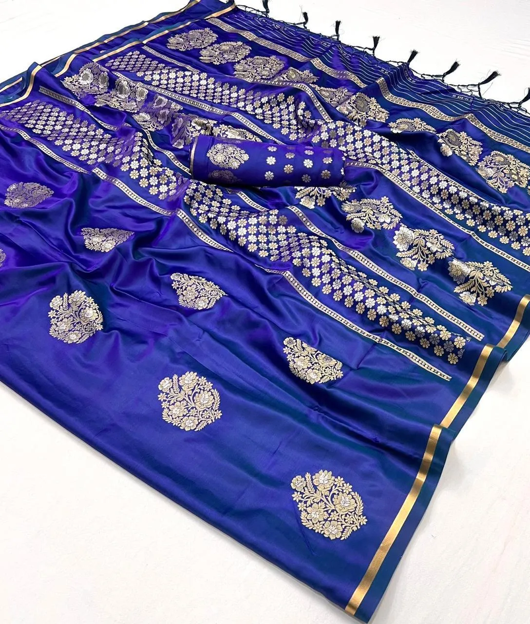Denim Blue Designer Pure Satin Weaving Event Wear Silk Saree