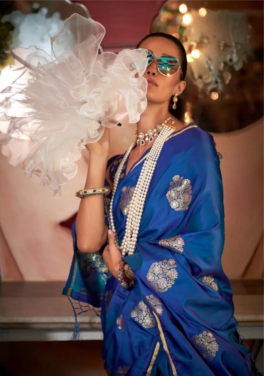 Denim Blue Designer Pure Satin Weaving Event Wear Silk Saree