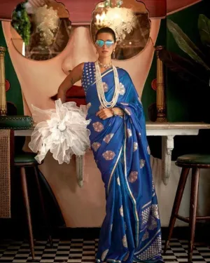Denim Blue Designer Pure Satin Weaving Event Wear Silk Saree