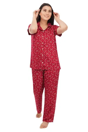 Designer Mart Women's Cotton Geomatrical Printed Night Suit Set of Shirt & Pyjama