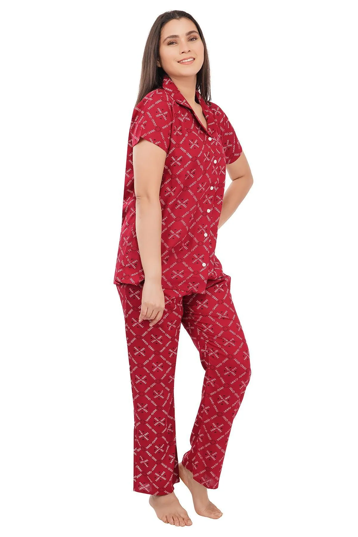 Designer Mart Women's Cotton Geomatrical Printed Night Suit Set of Shirt & Pyjama