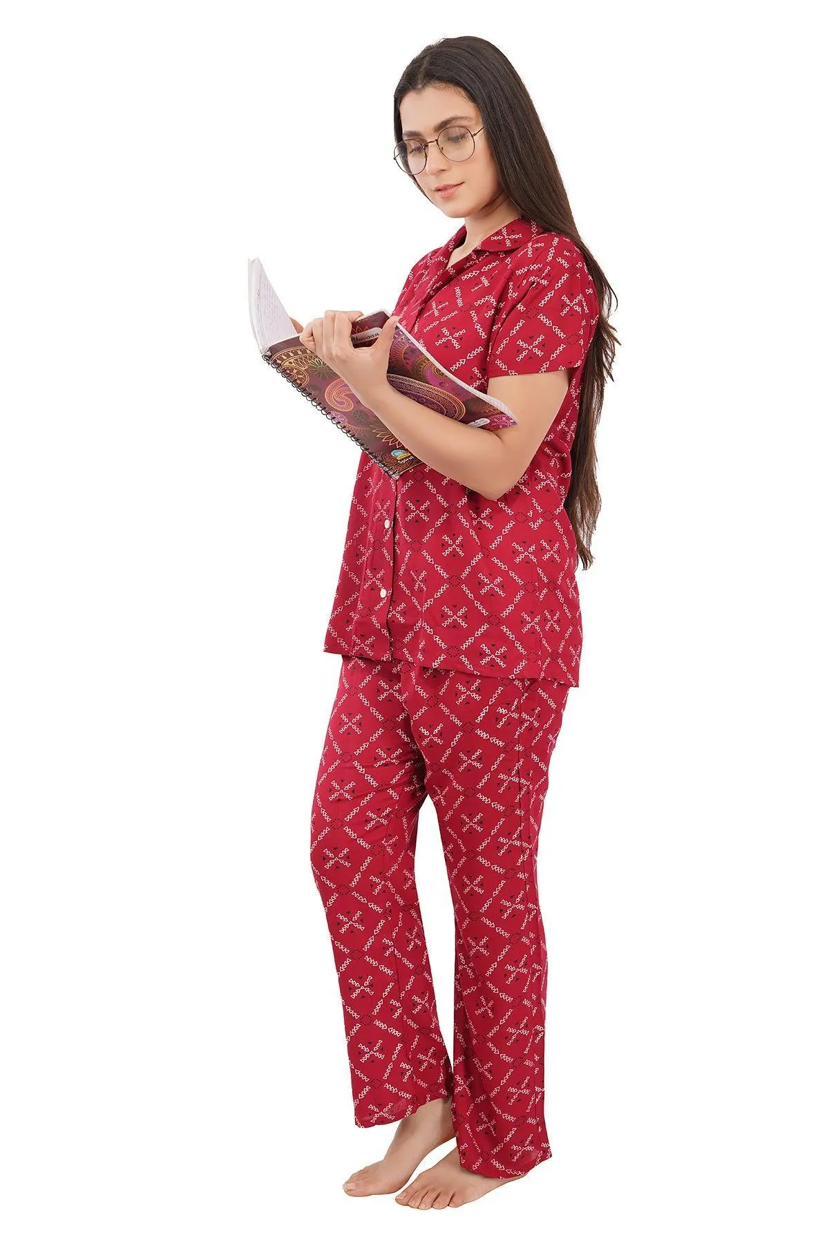 Designer Mart Women's Cotton Geomatrical Printed Night Suit Set of Shirt & Pyjama