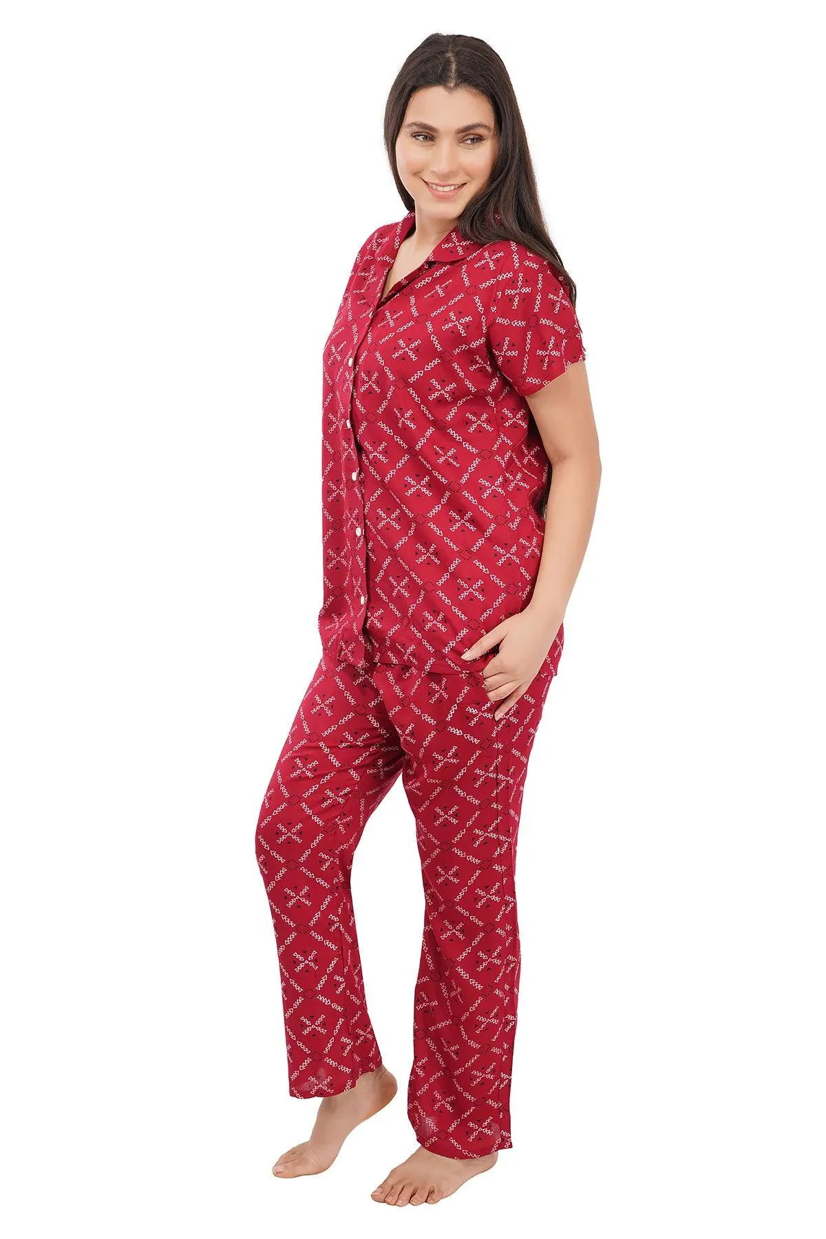 Designer Mart Women's Cotton Geomatrical Printed Night Suit Set of Shirt & Pyjama