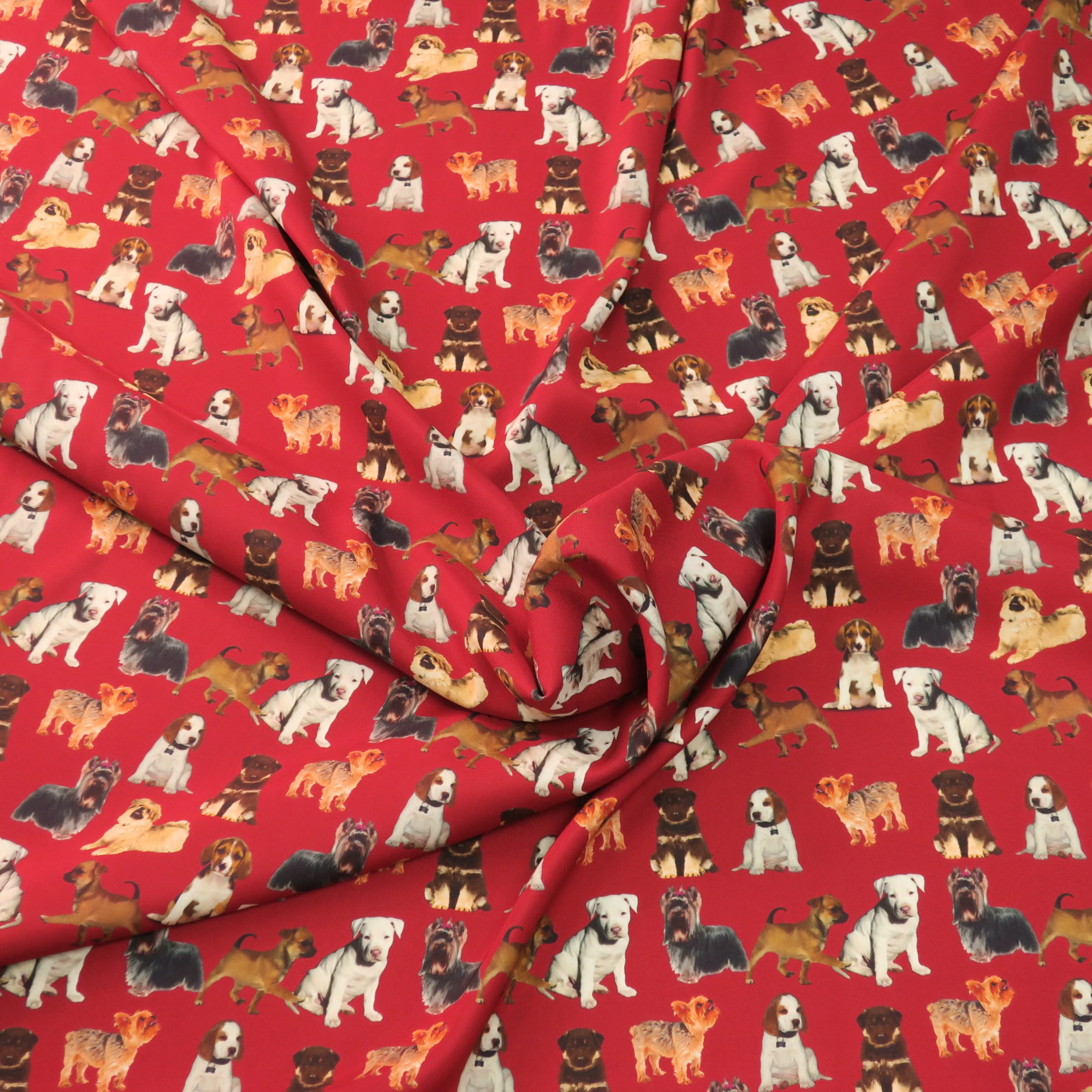 Dogs on Red Ground Printed Silk Charmeuse Fabric