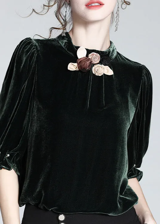 Elegant Blackish Green Stand Collar Floral Silk Velour Top Short Sleeve LY0979