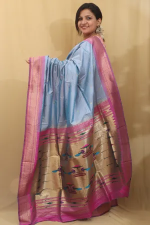 Elegant Blue Paithani Silk Peacock Design Saree
