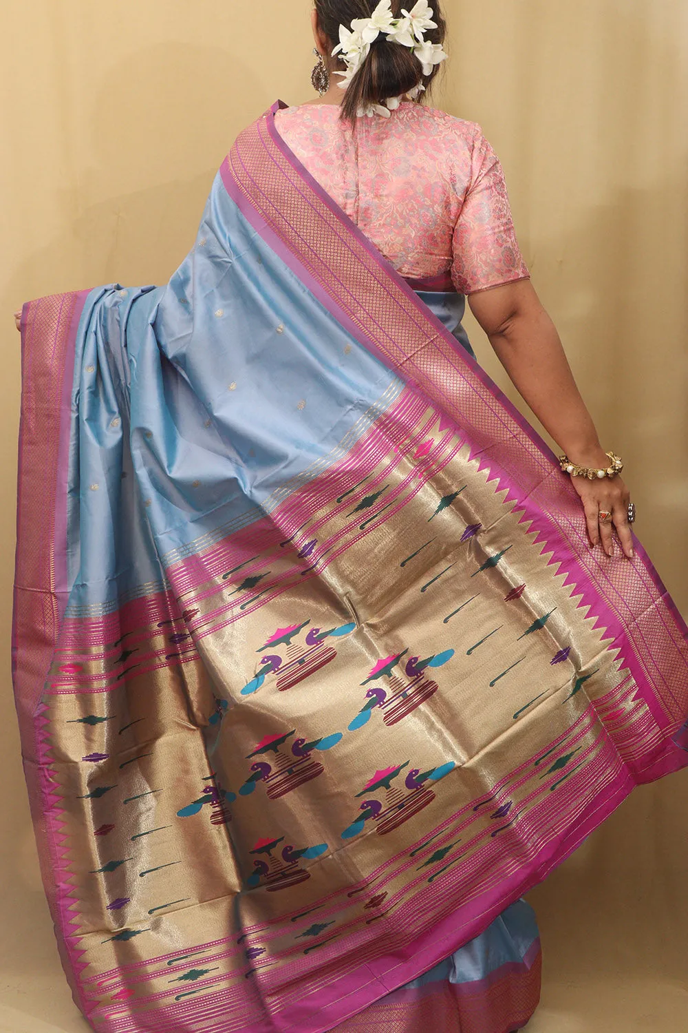 Elegant Blue Paithani Silk Peacock Design Saree