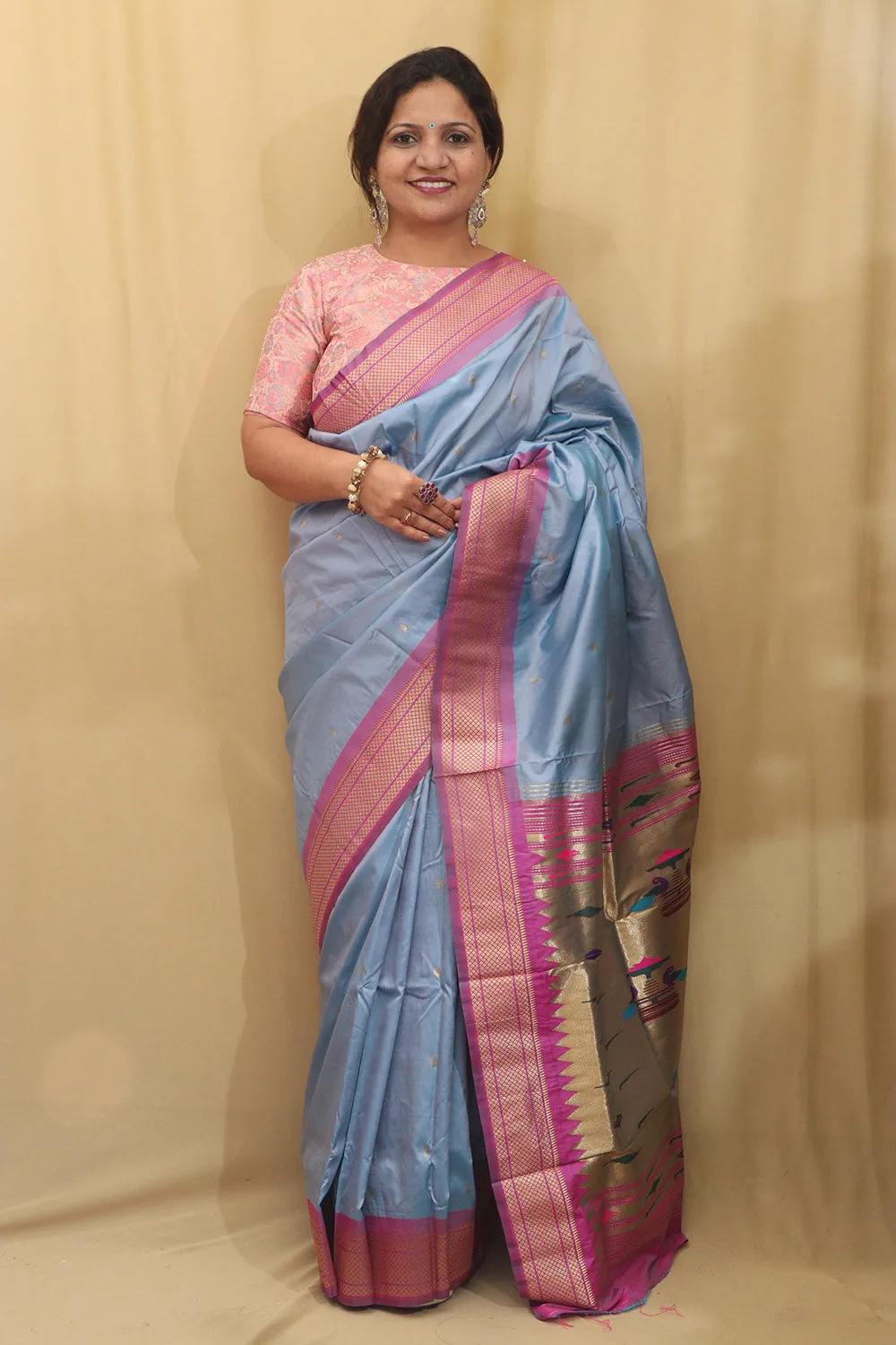 Elegant Blue Paithani Silk Peacock Design Saree