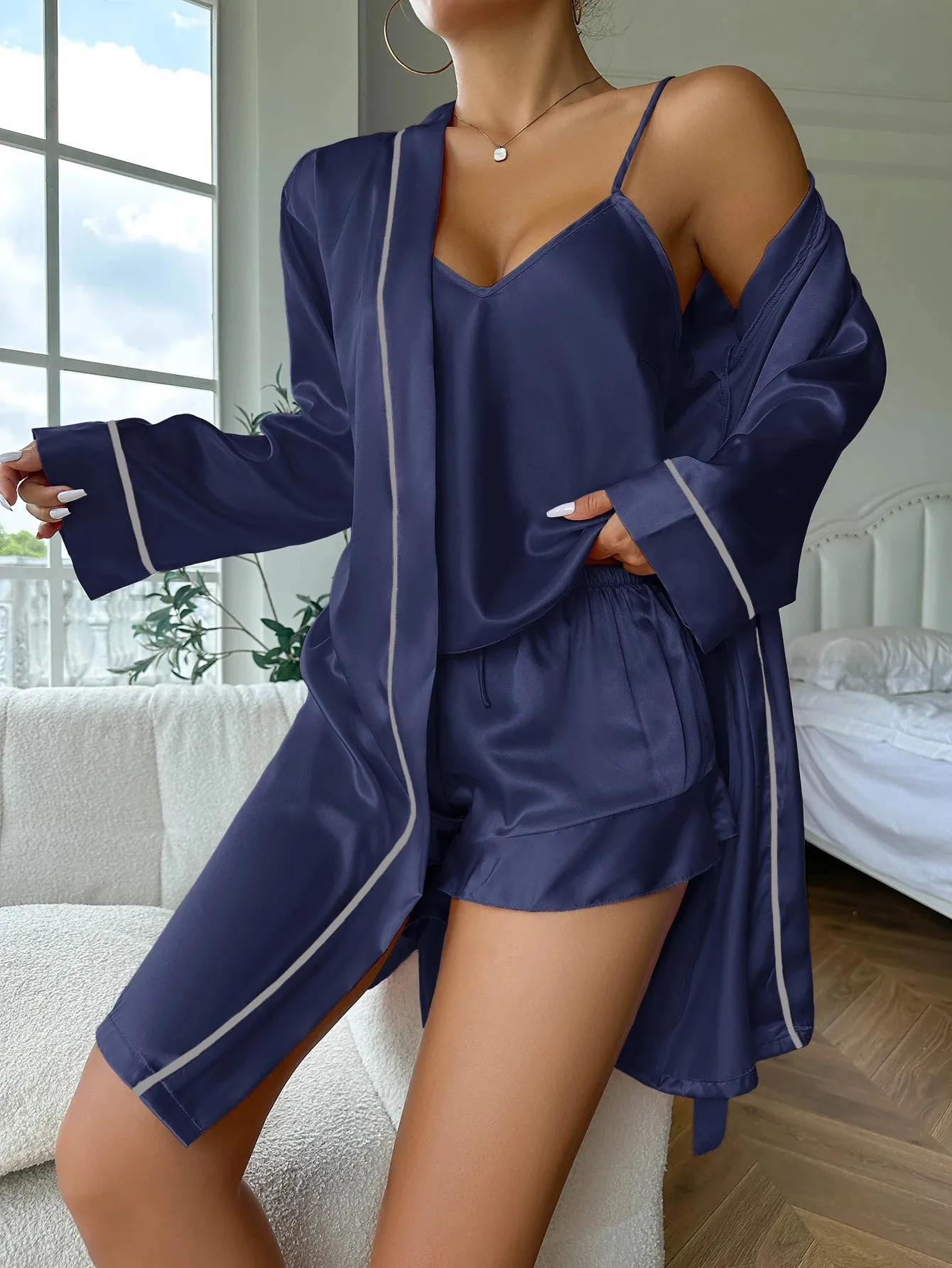 Elegant Nightwear Trio: Satin Robe, Cami Top & Shorts