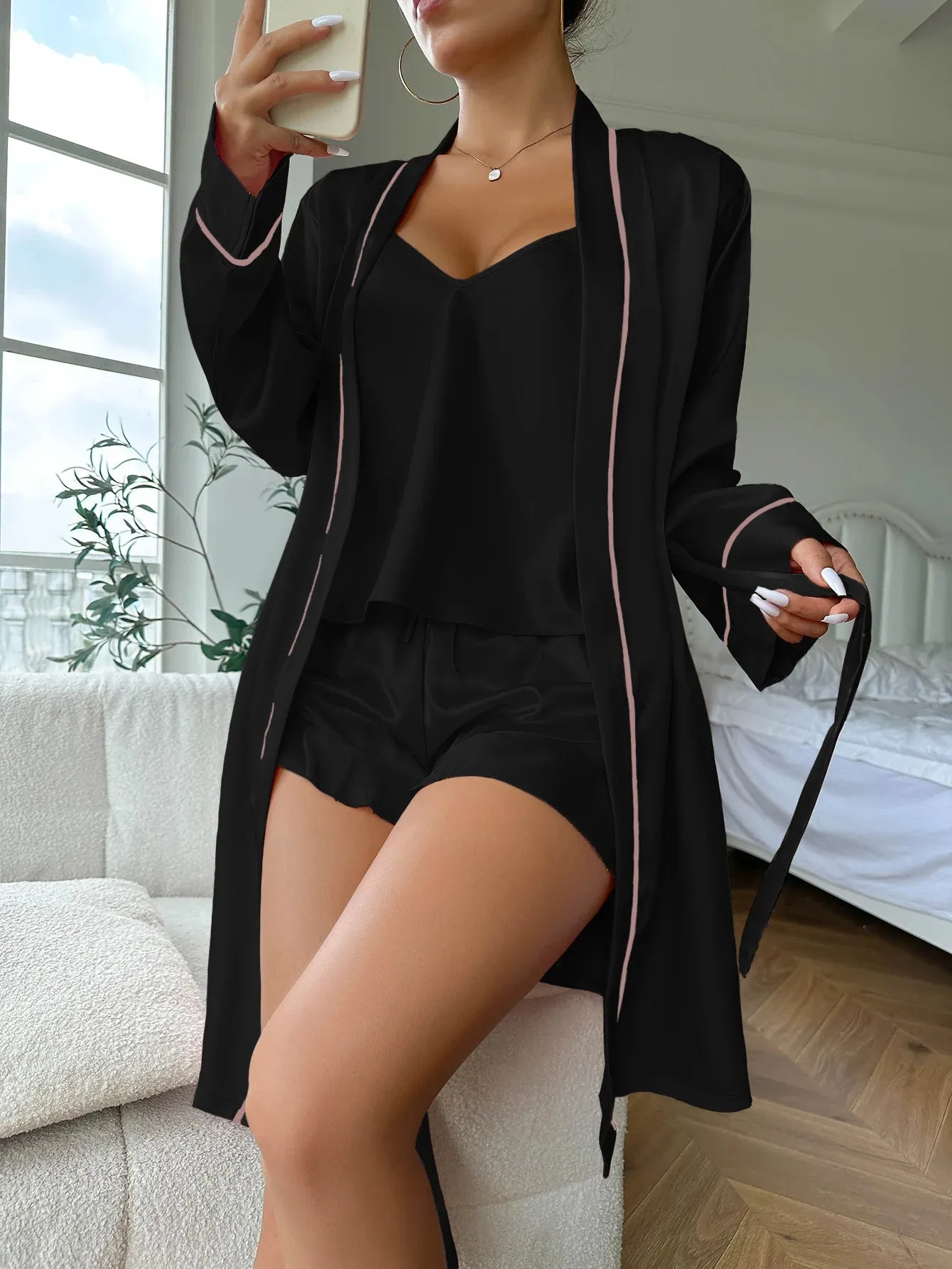 Elegant Nightwear Trio: Satin Robe, Cami Top & Shorts