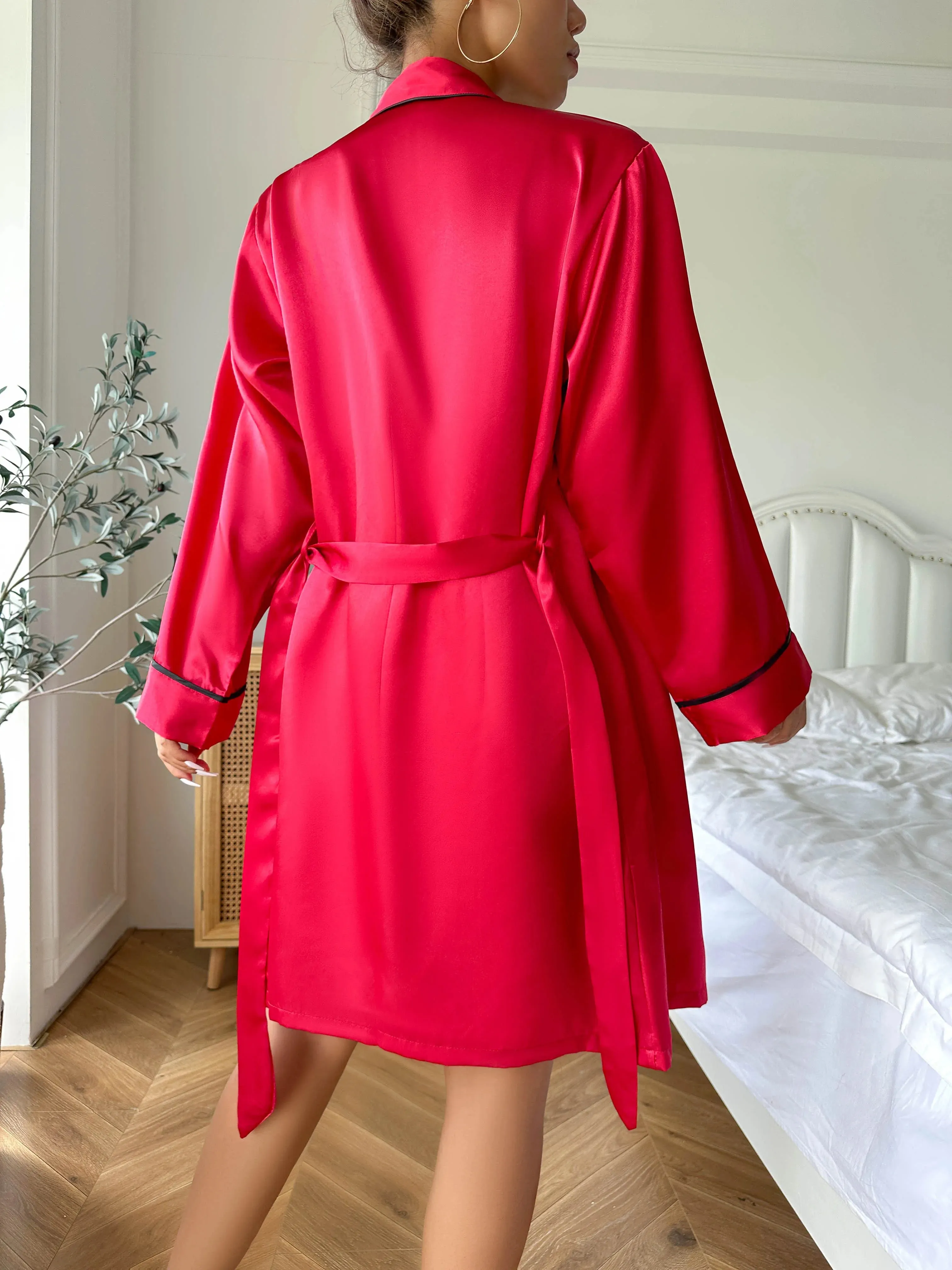 Elegant Nightwear Trio: Satin Robe, Cami Top & Shorts