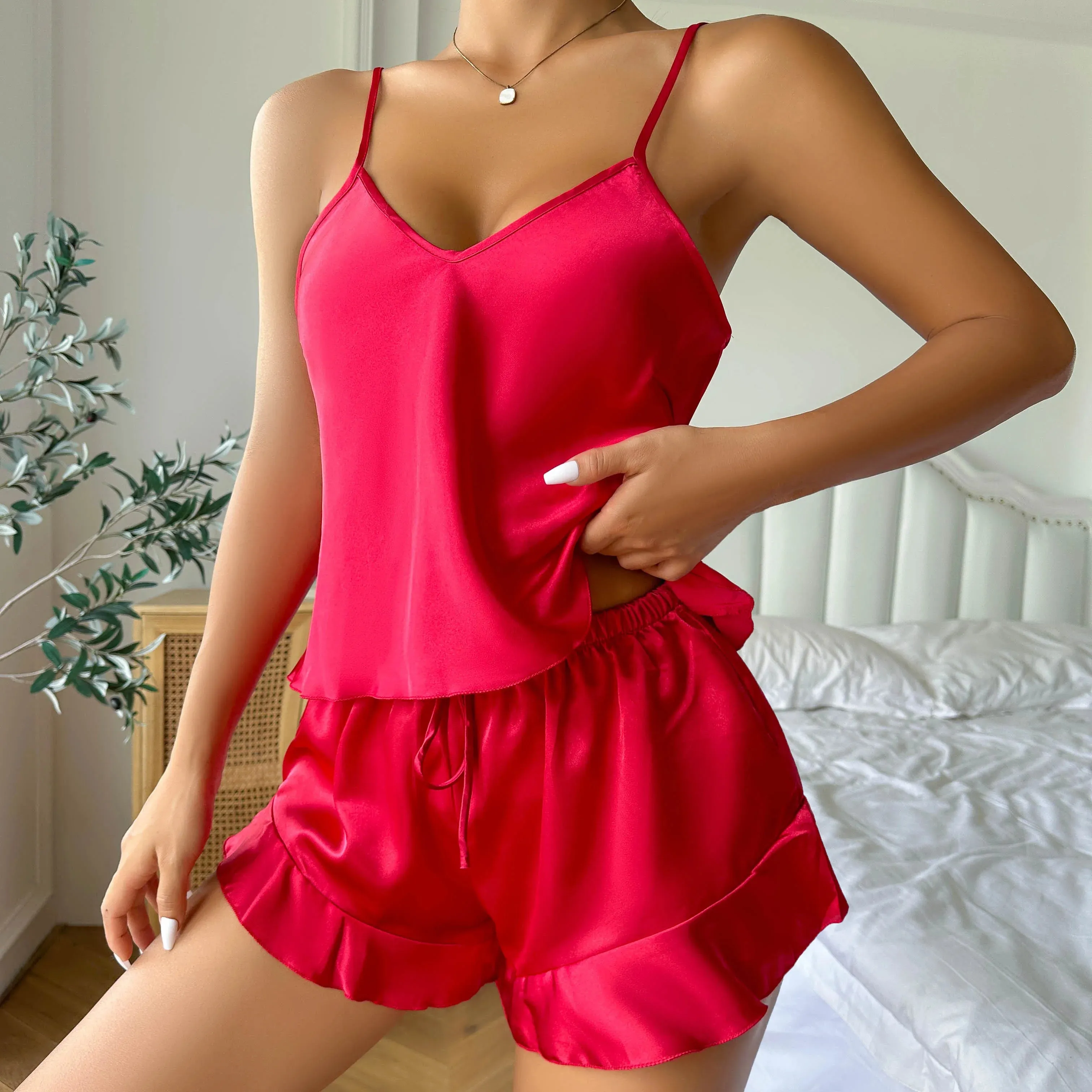 Elegant Nightwear Trio: Satin Robe, Cami Top & Shorts