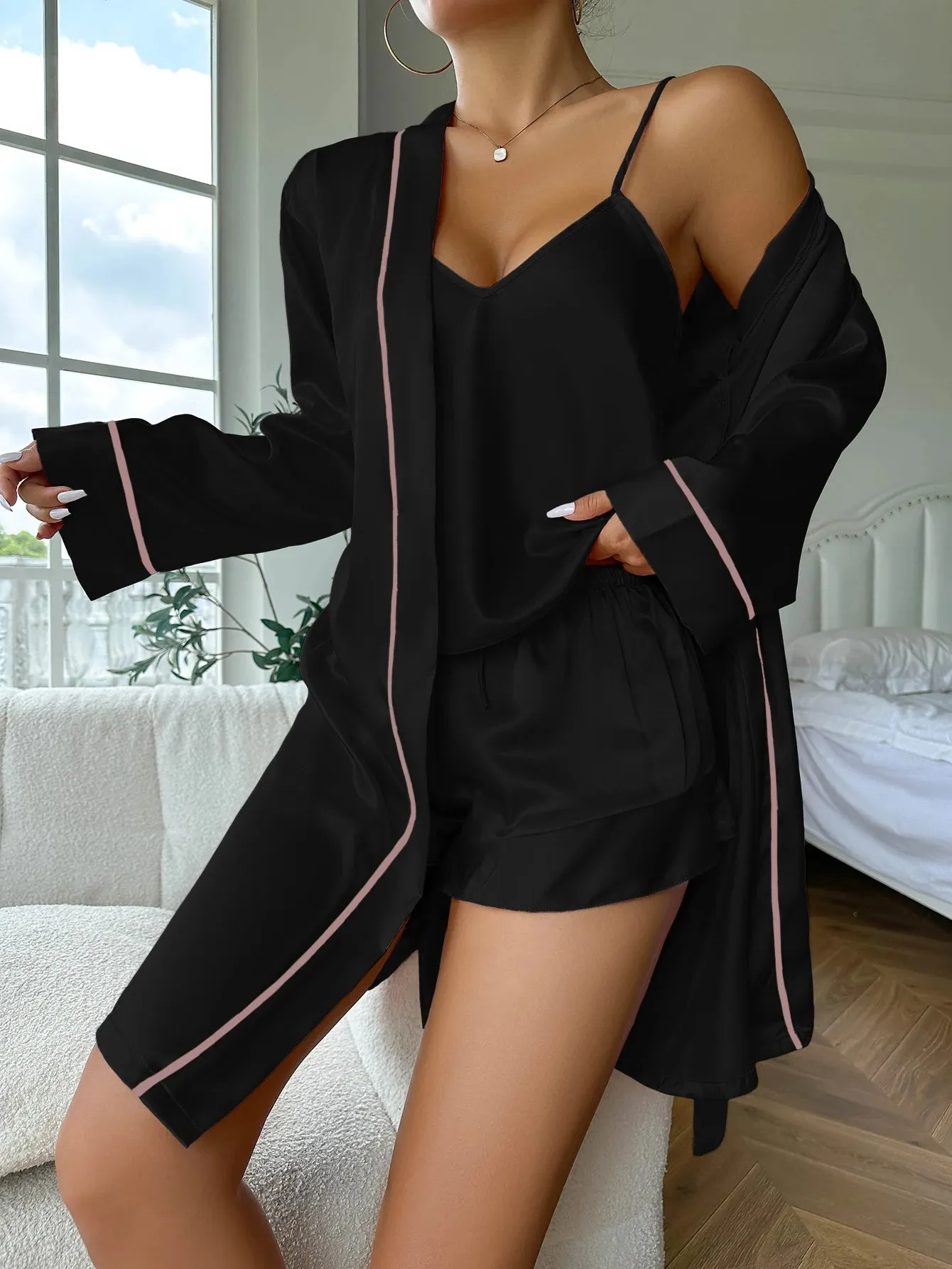 Elegant Nightwear Trio: Satin Robe, Cami Top & Shorts
