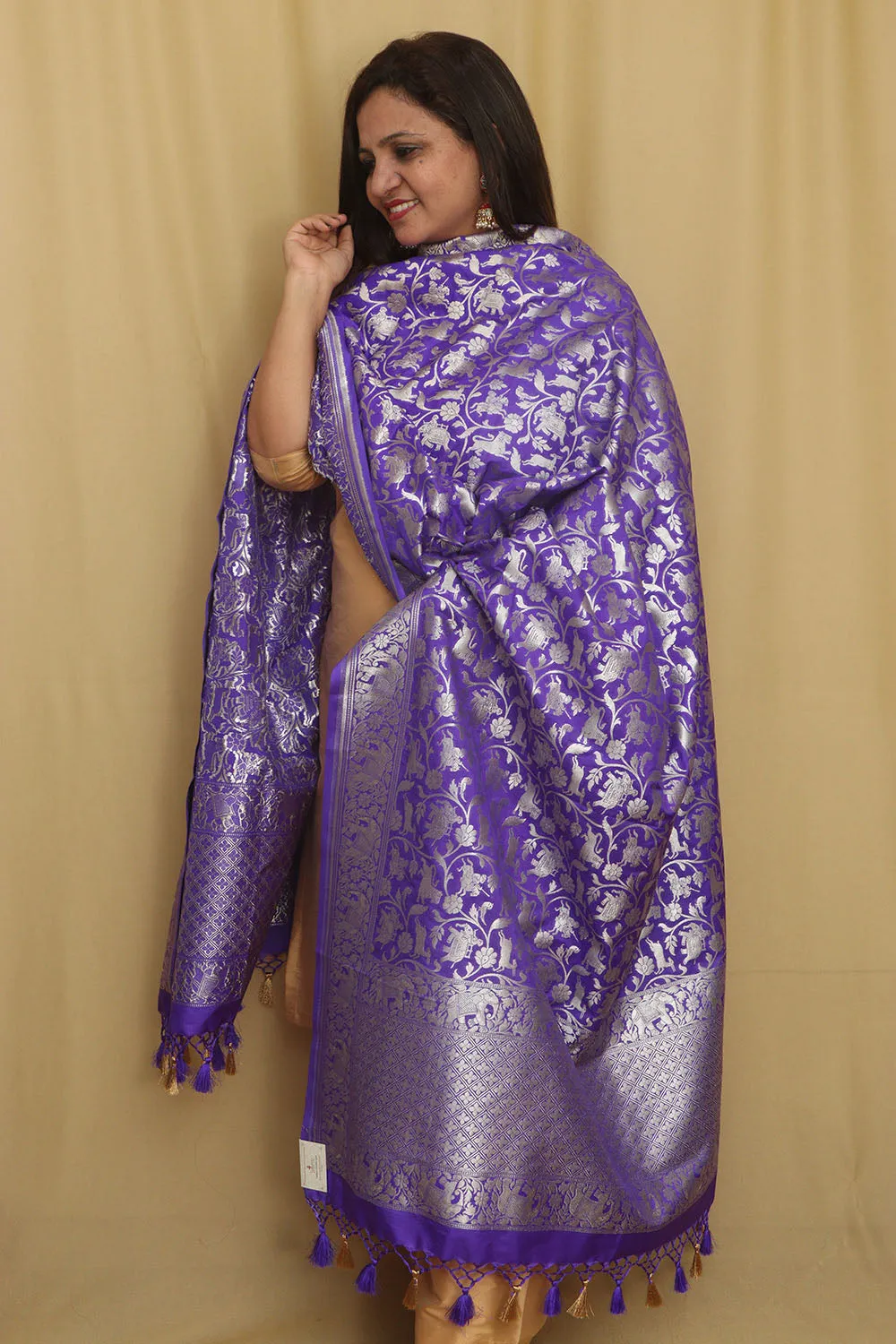 Elegant Purple Banarasi Silk Shikargah Design Dupatta