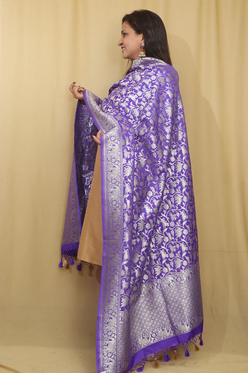 Elegant Purple Banarasi Silk Shikargah Design Dupatta
