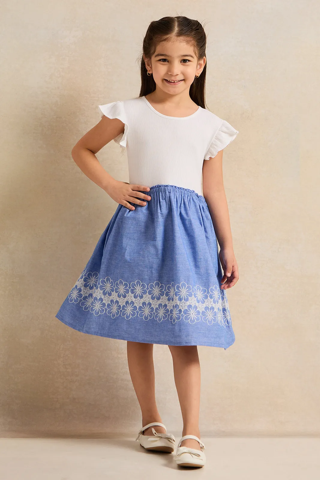 Girls White And Blue Embellished Dress