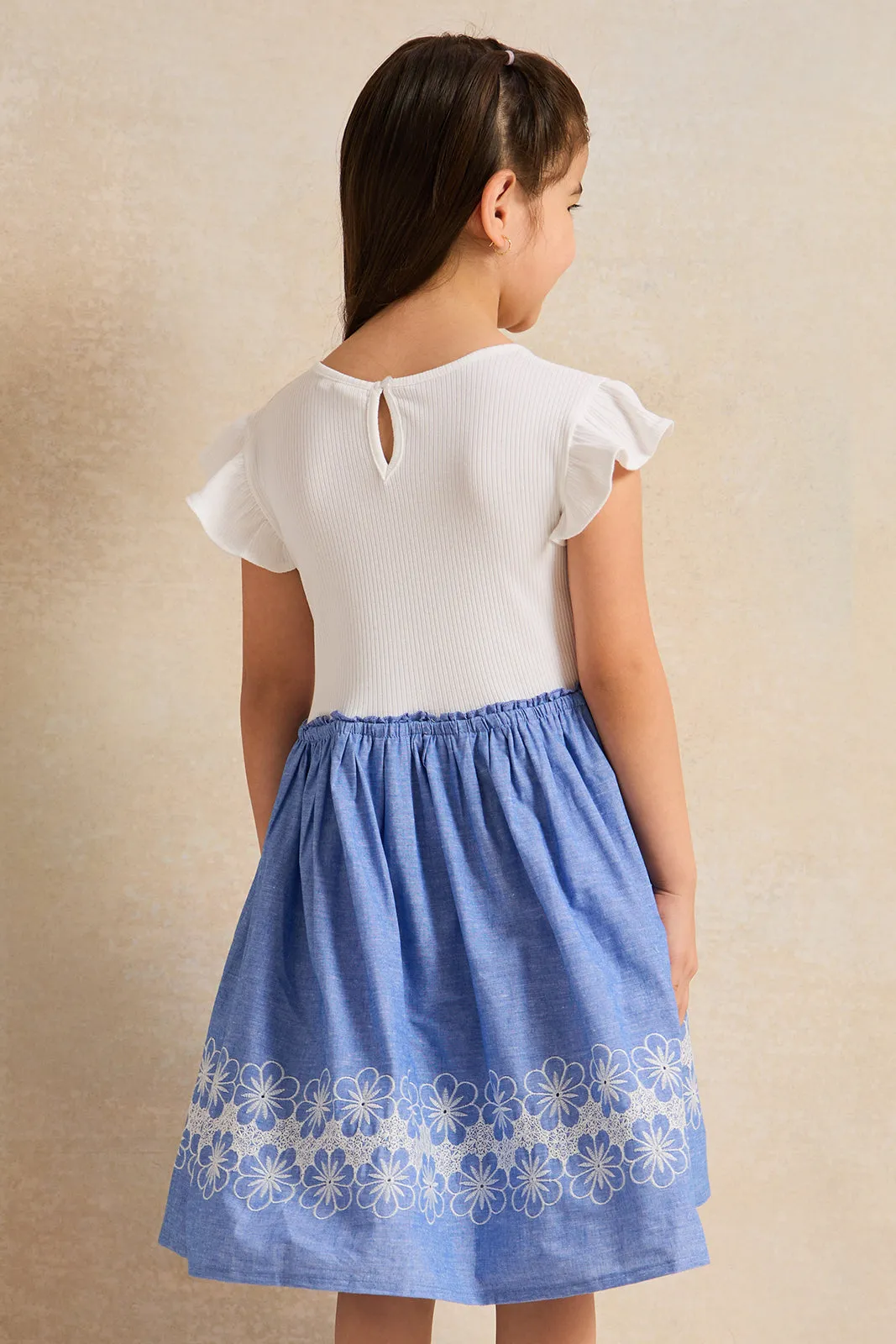 Girls White And Blue Embellished Dress