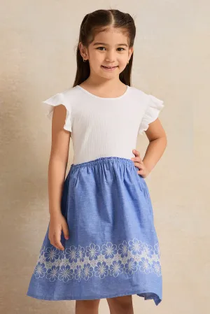 Girls White And Blue Embellished Dress