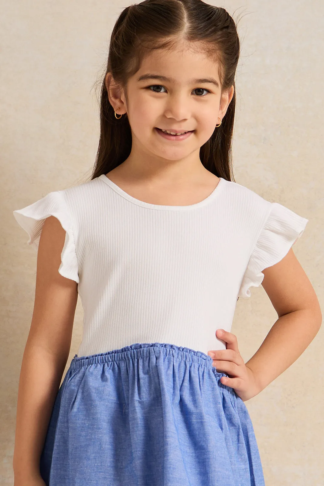 Girls White And Blue Embellished Dress