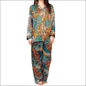 Green & Brown Abstract Print Pajama Set Nightwear