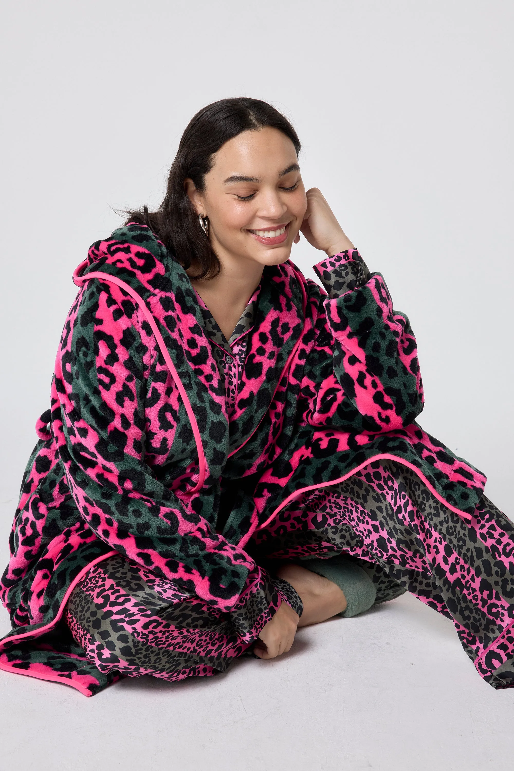 Khaki with Pink Stripe and Leopard Dressing Gown