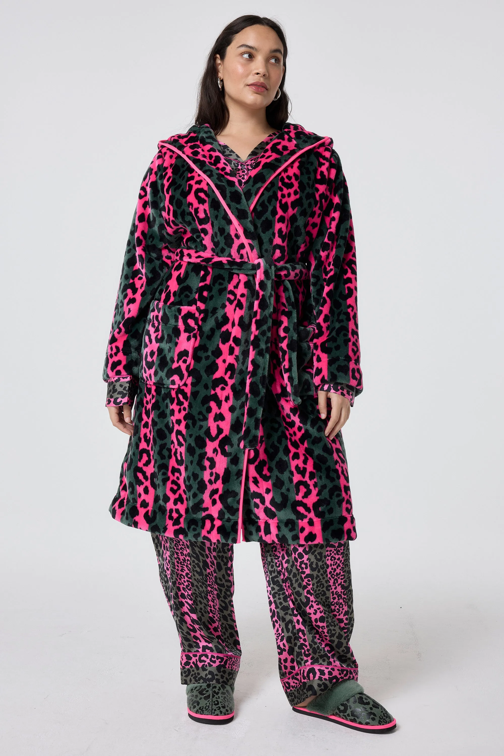 Khaki with Pink Stripe and Leopard Dressing Gown
