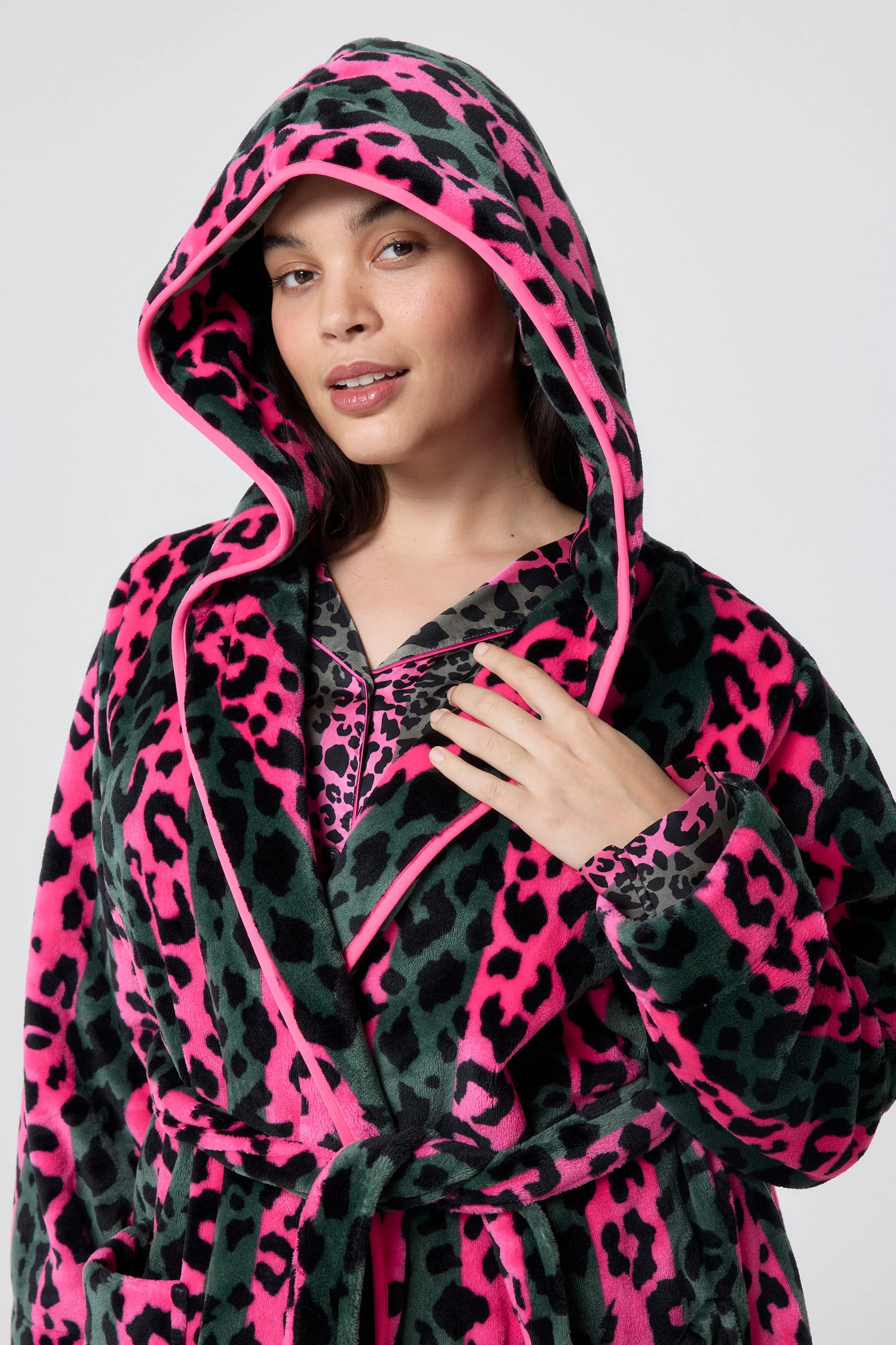 Khaki with Pink Stripe and Leopard Dressing Gown