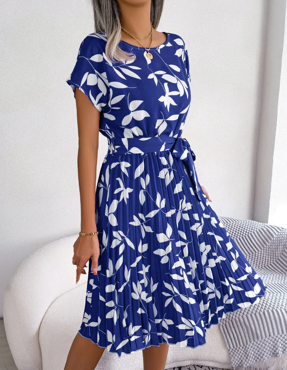 Leaf Print Round Neck Short Sleeve Midi A-Line Dresses