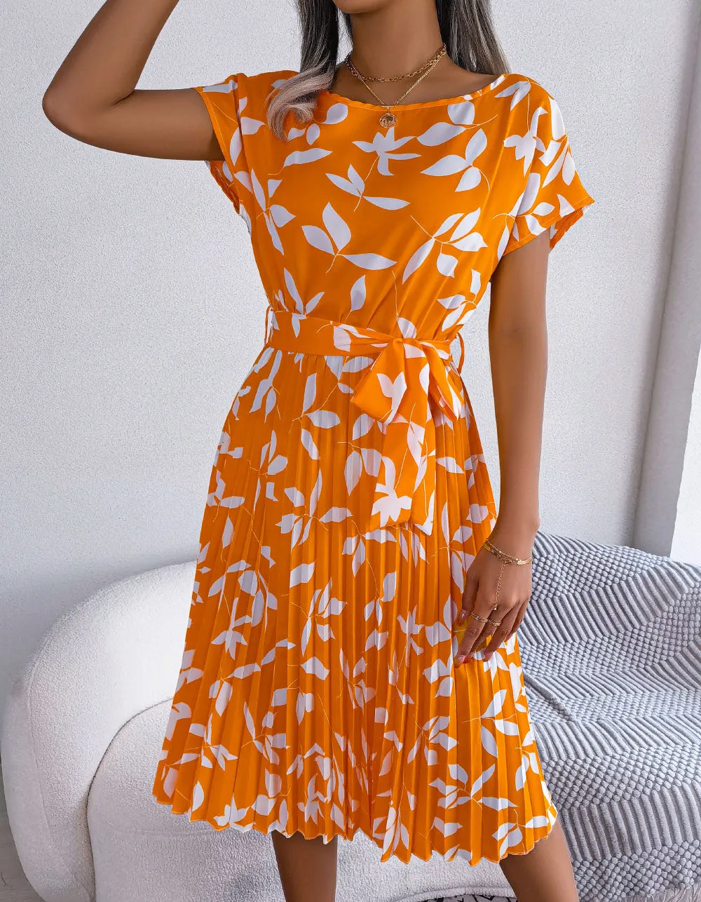 Leaf Print Round Neck Short Sleeve Midi A-Line Dresses