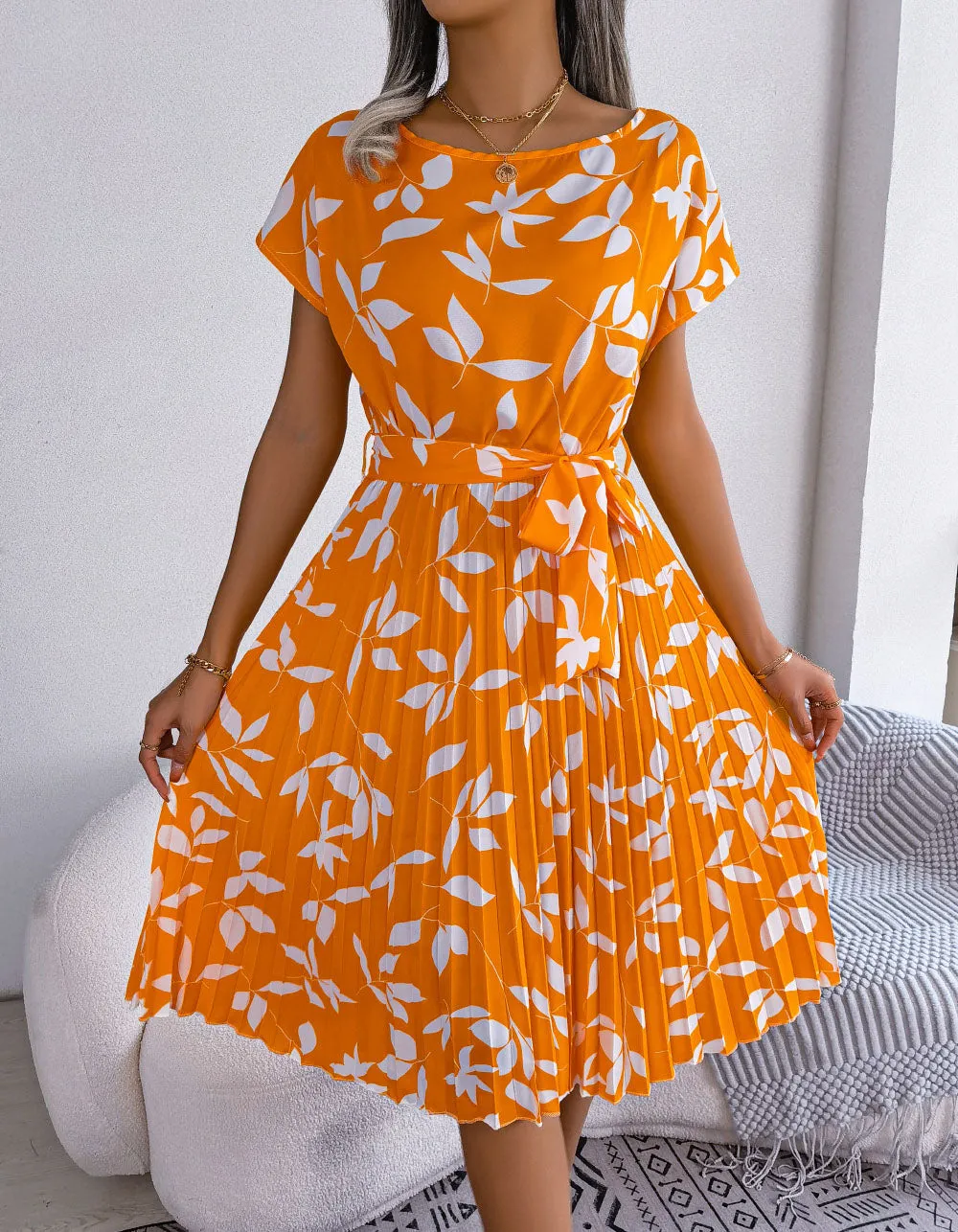 Leaf Print Round Neck Short Sleeve Midi A-Line Dresses