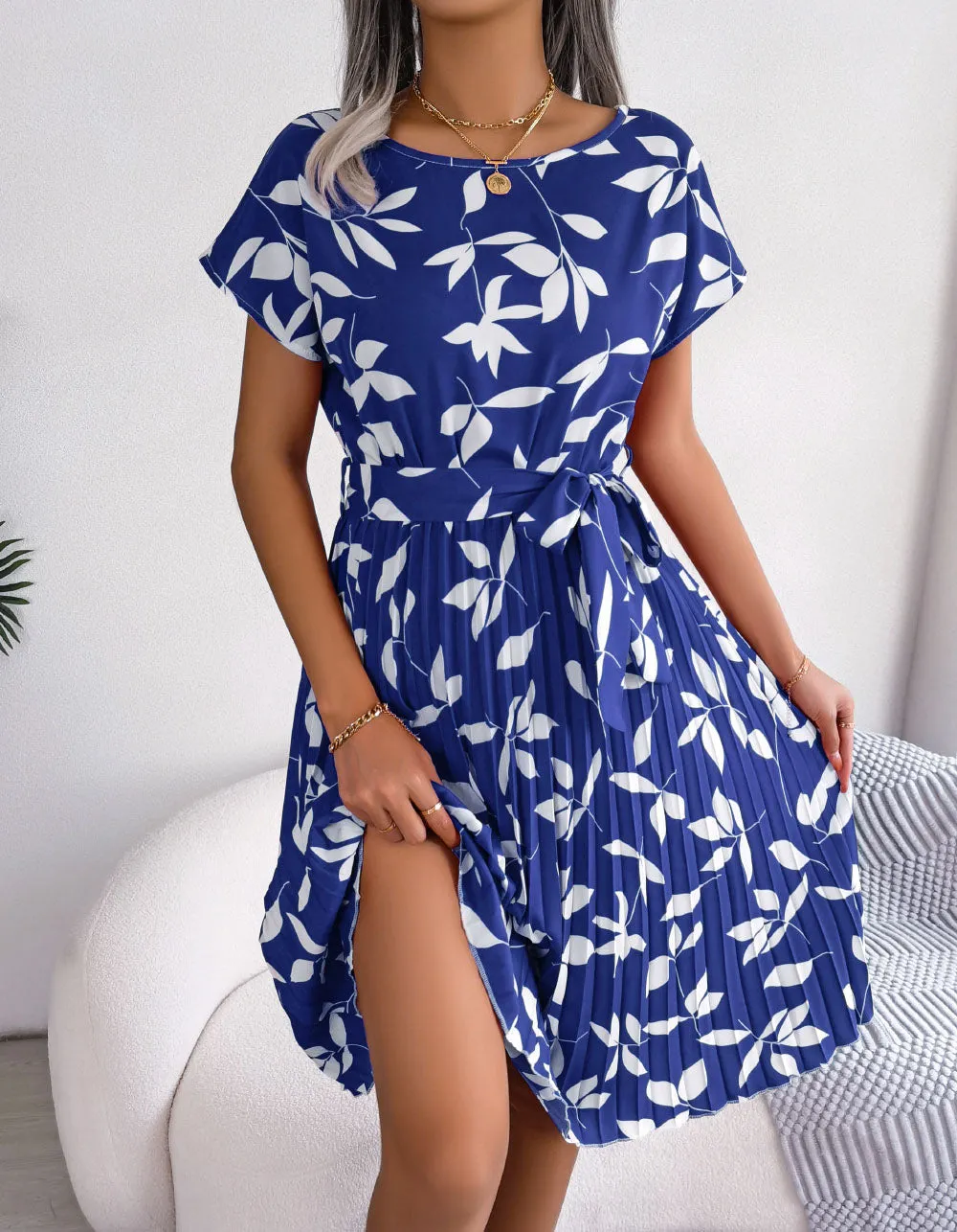 Leaf Print Round Neck Short Sleeve Midi A-Line Dresses