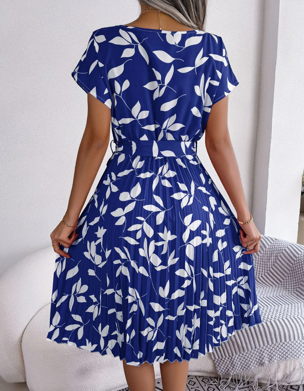 Leaf Print Round Neck Short Sleeve Midi A-Line Dresses