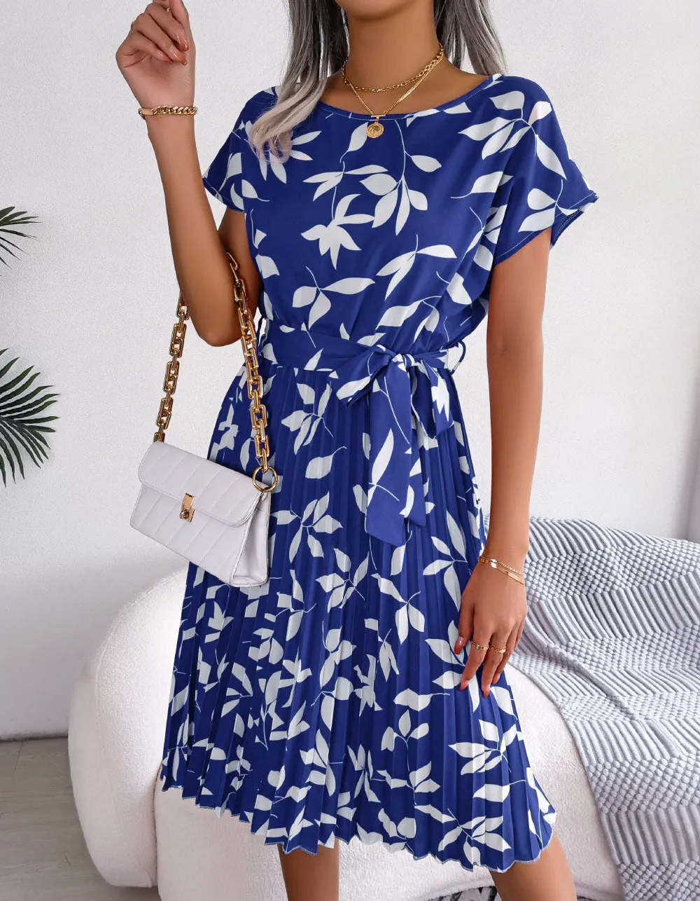 Leaf Print Round Neck Short Sleeve Midi A-Line Dresses