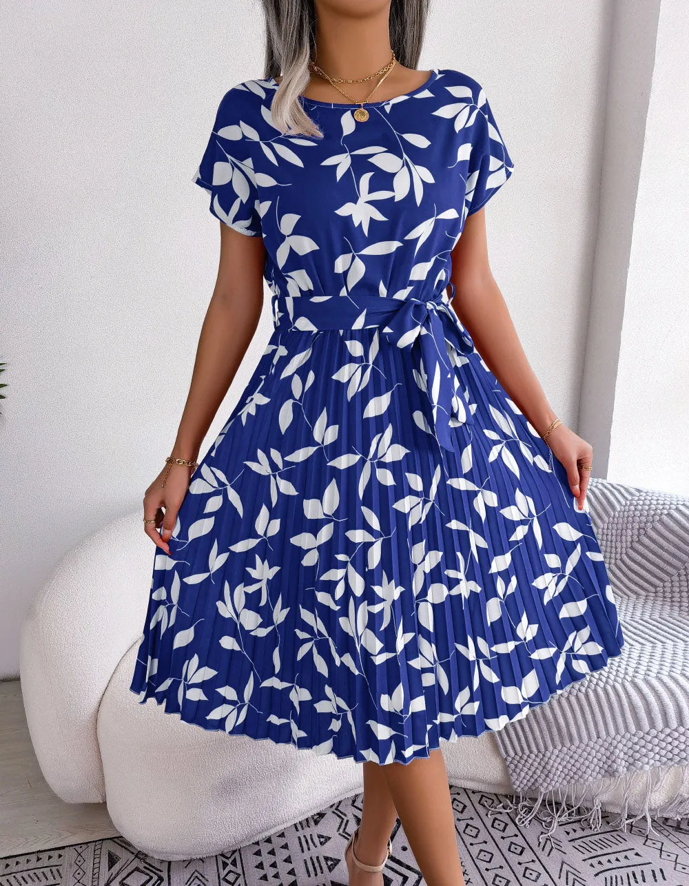 Leaf Print Round Neck Short Sleeve Midi A-Line Dresses