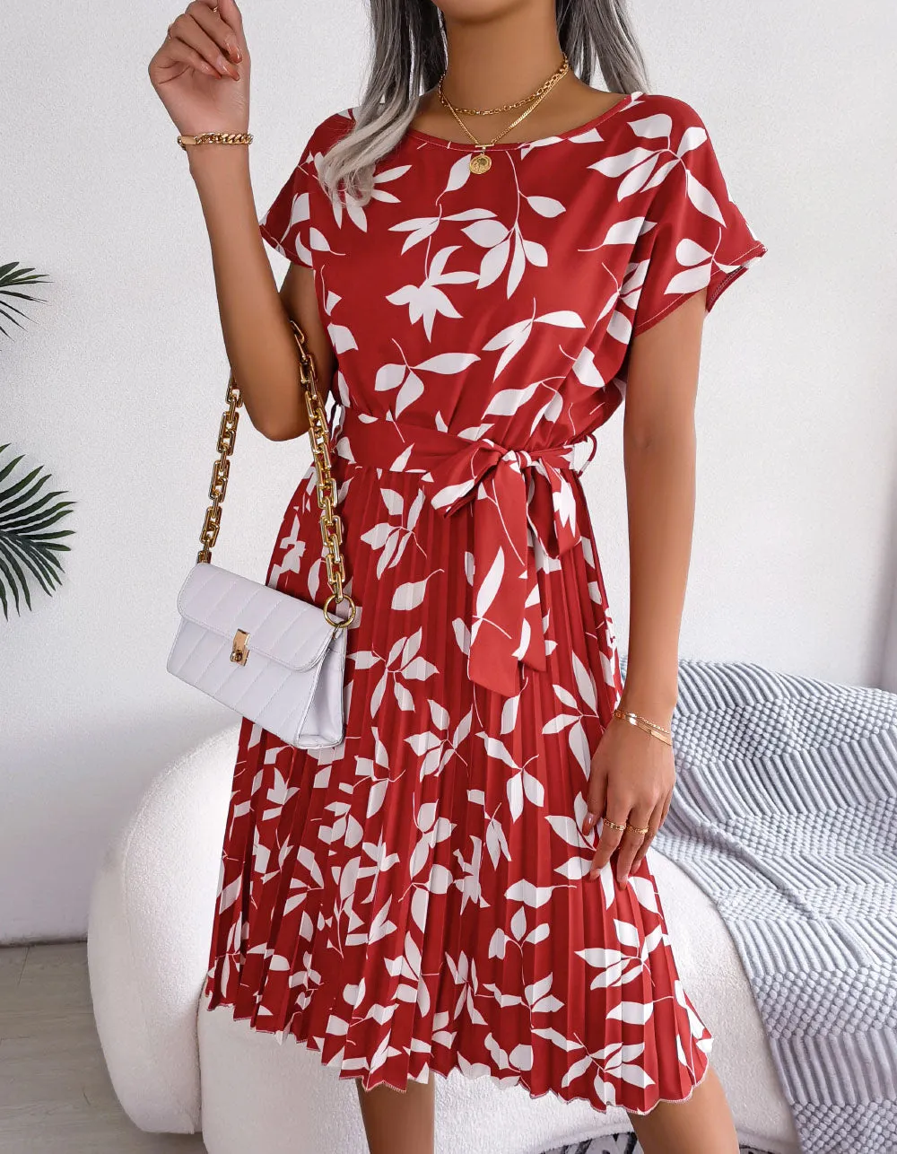 Leaf Print Round Neck Short Sleeve Midi A-Line Dresses