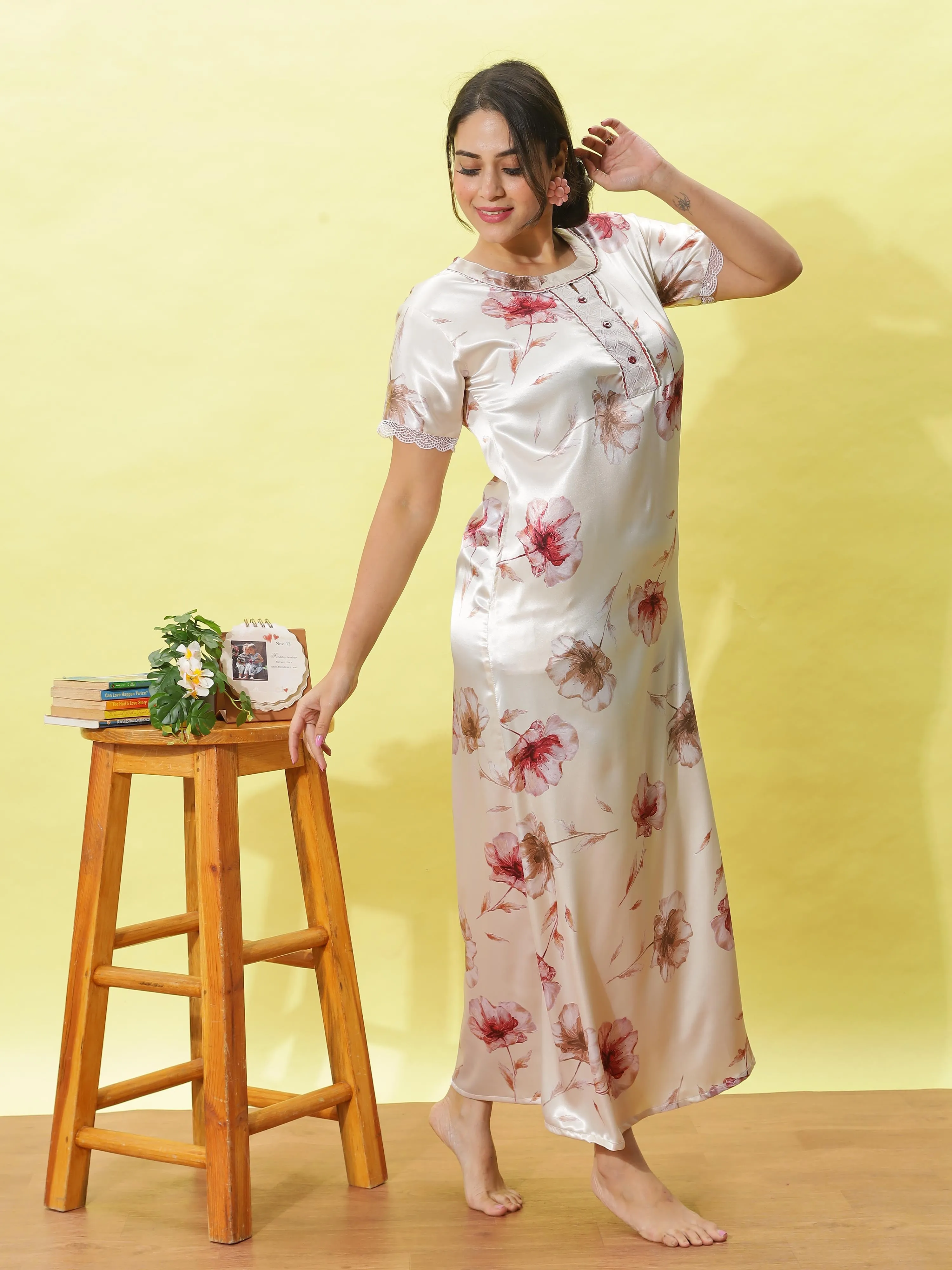 Light Cream Satin Nighty for Women With Elegant Tropical Printed Design