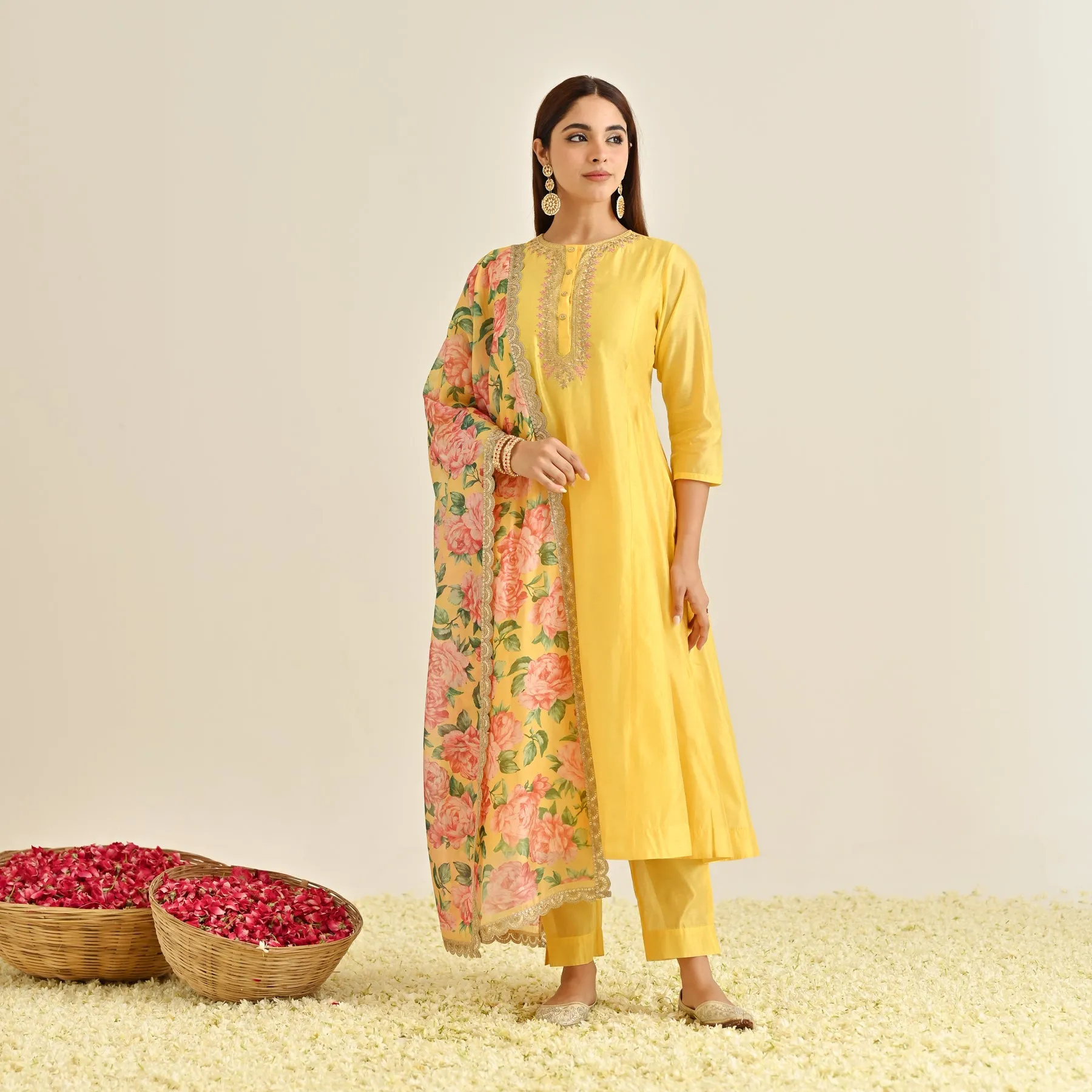 Mango Yellow Anarkali Set with Floral Printed Dupatta & Yoke Embroidery